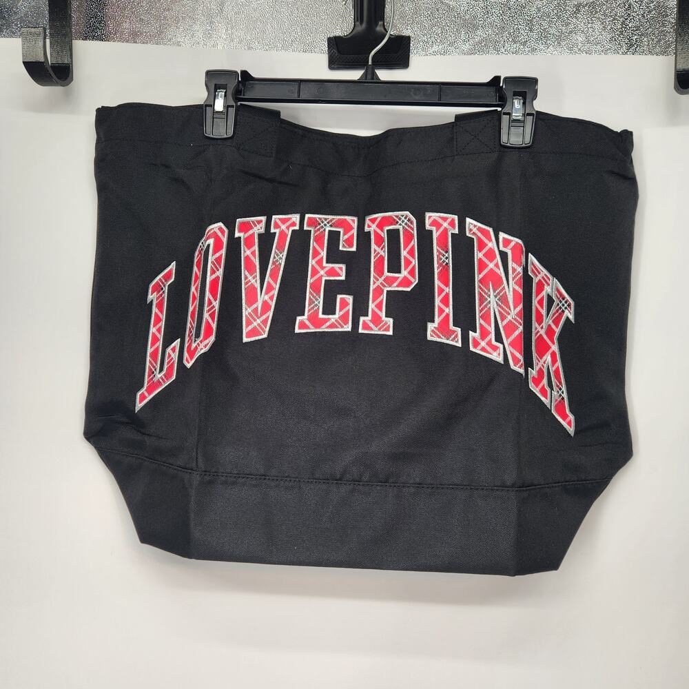 NWT Victoria’s Secret PINK Large Black Plaid Print Love‎ Pink Logo Tote
